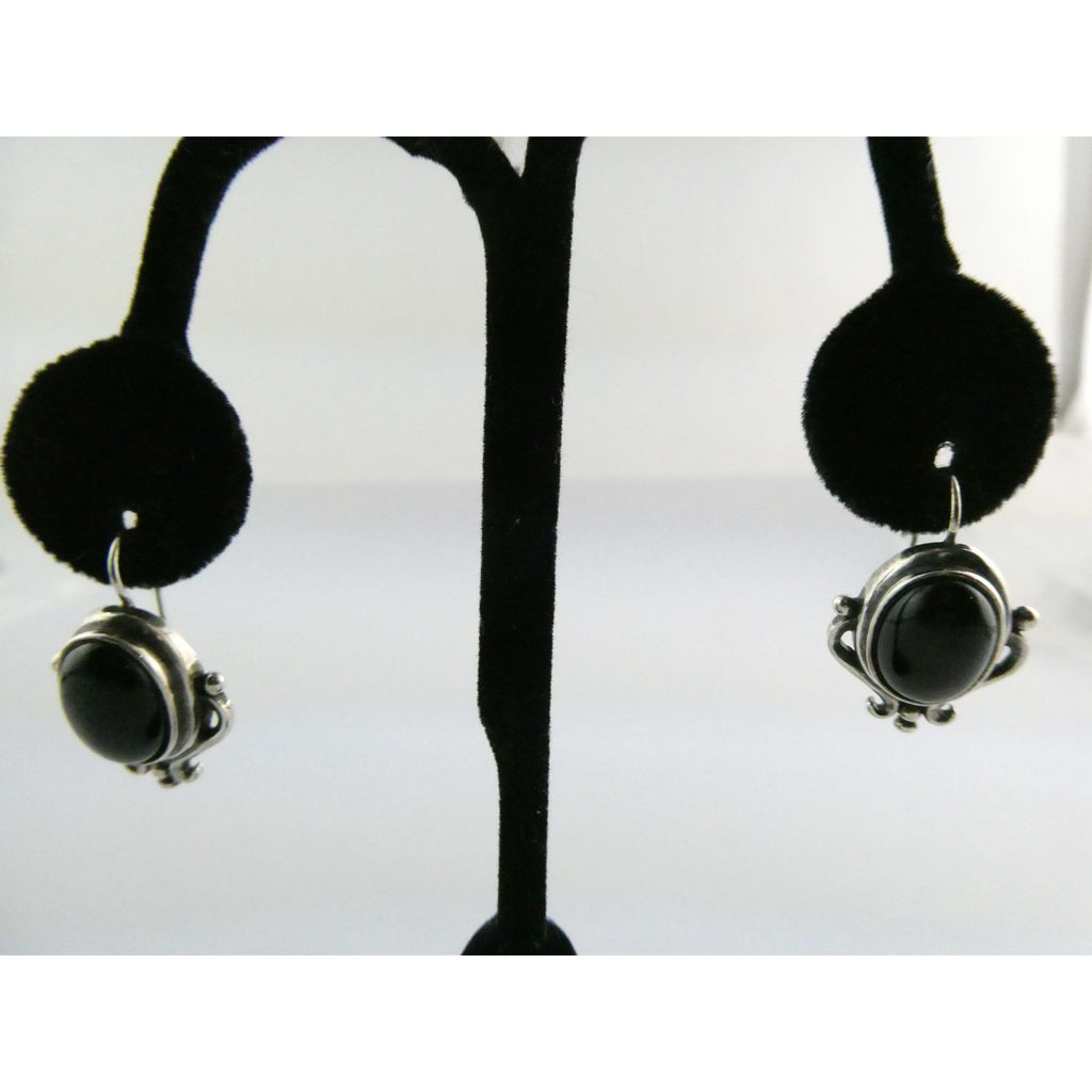 Sterling Silver Black Onyx Cabochon Hook Earrings 925 8.5g 29mm Length
