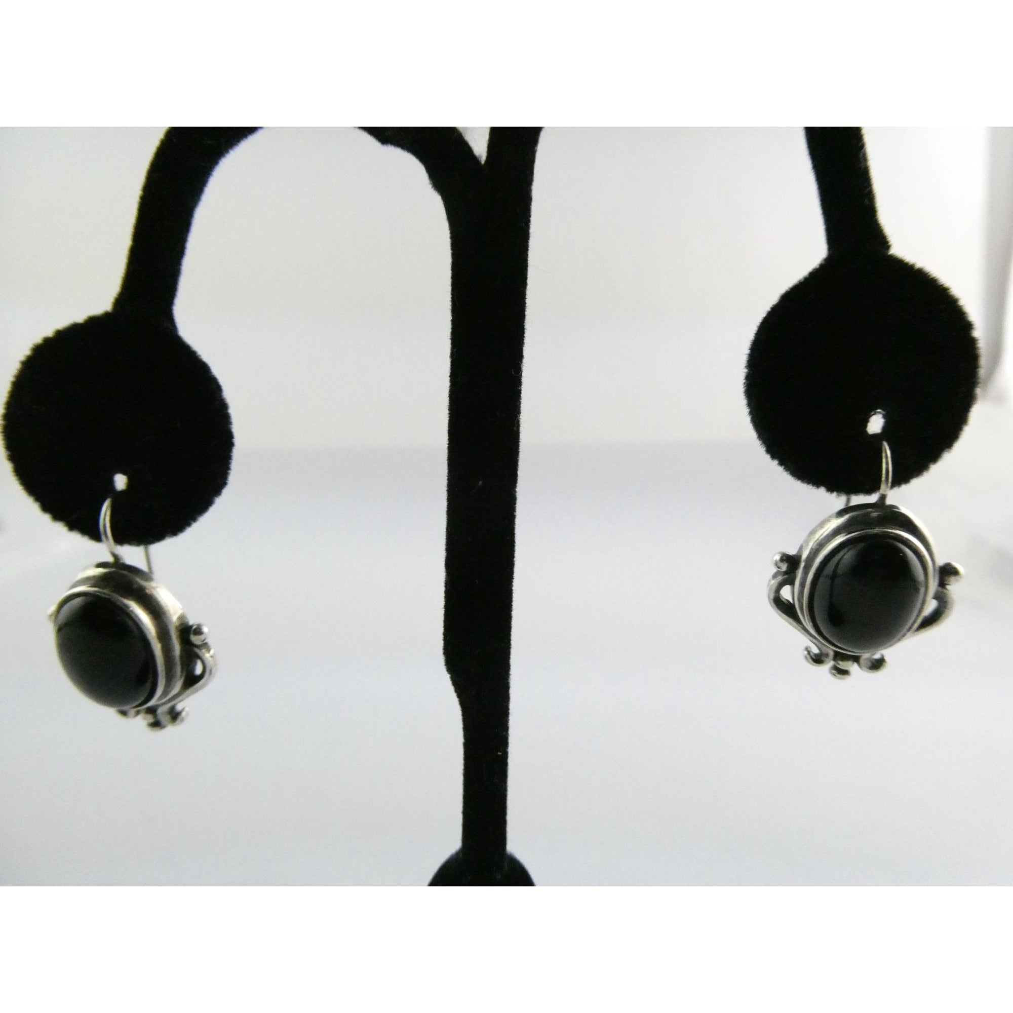 Sterling Silver Black Onyx Cabochon Hook Earrings 925 8.5g 29mm Length