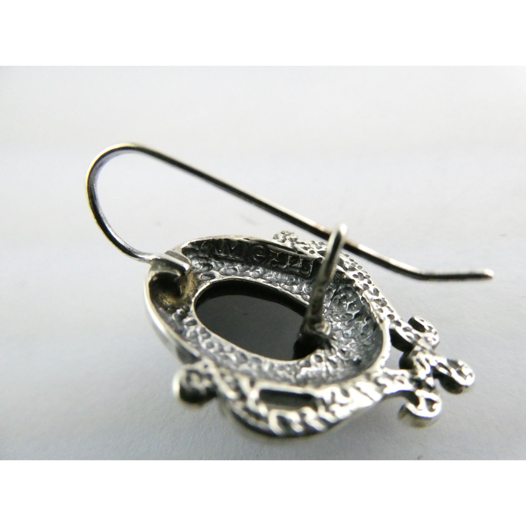 Sterling Silver Black Onyx Cabochon Hook Earrings 925 8.5g 29mm Length