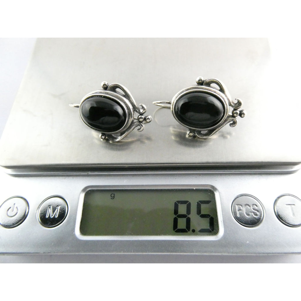 Sterling Silver Black Onyx Cabochon Hook Earrings 925 8.5g 29mm Length