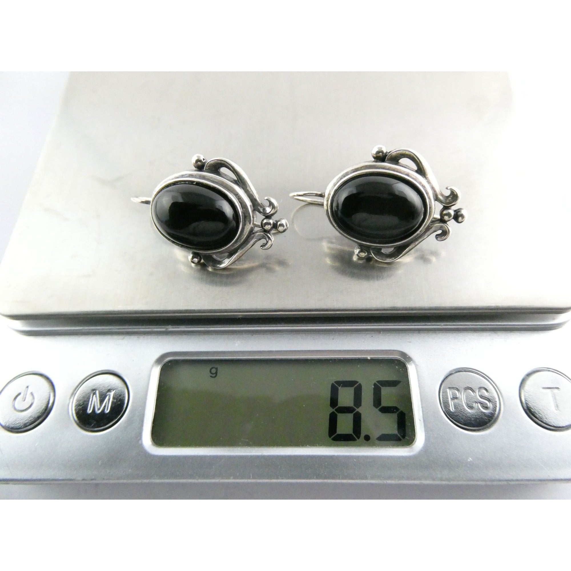 Sterling Silver Black Onyx Cabochon Hook Earrings 925 8.5g 29mm Length