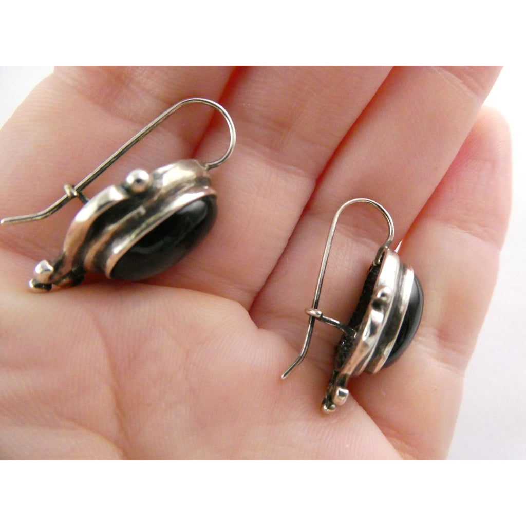 Sterling Silver Black Onyx Cabochon Hook Earrings 925 8.5g 29mm Length