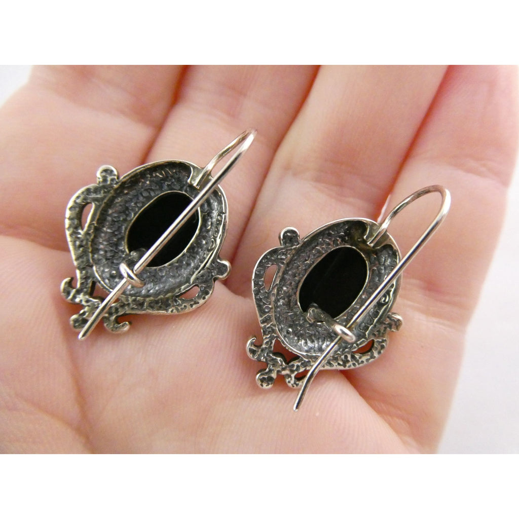 Sterling Silver Black Onyx Cabochon Hook Earrings 925 8.5g 29mm Length