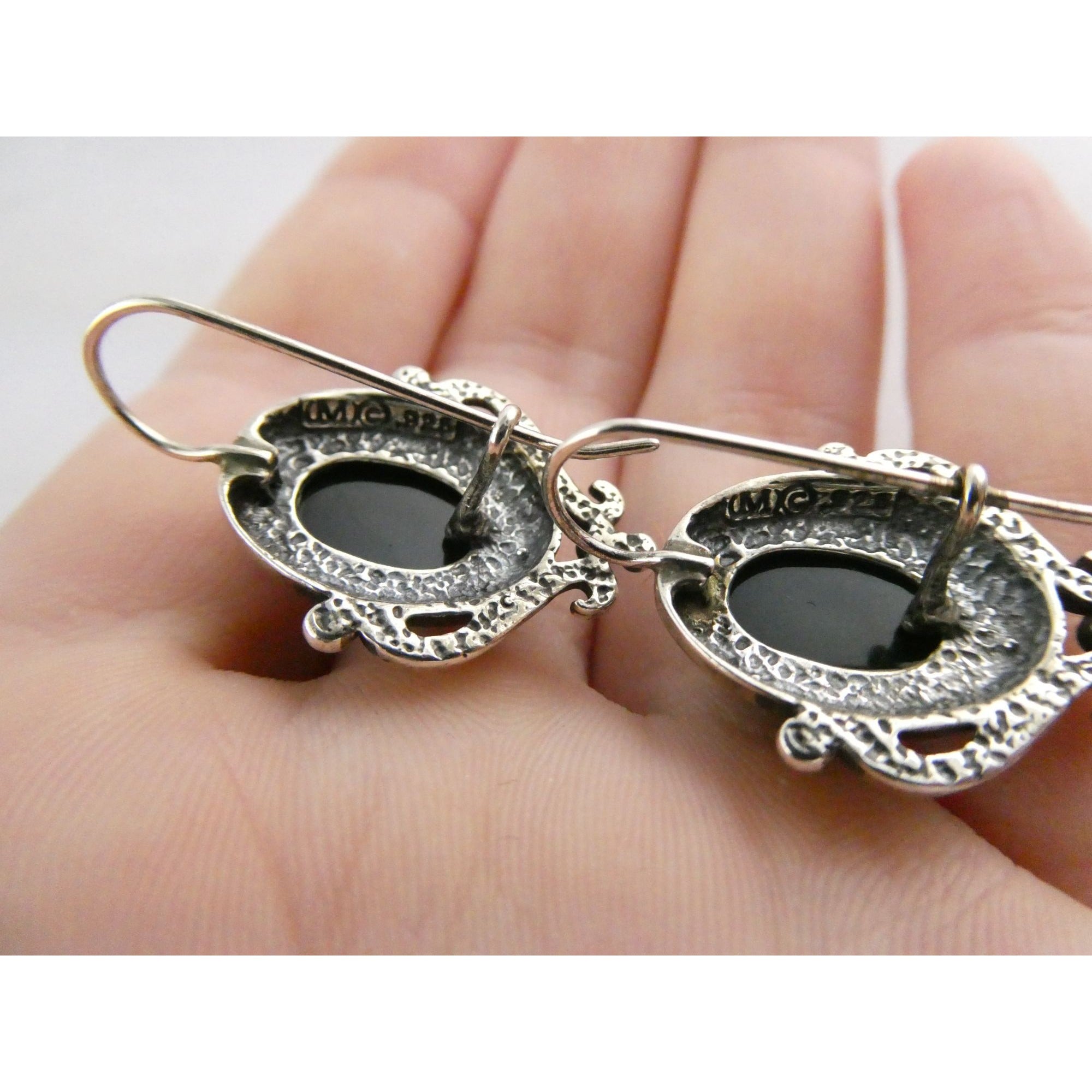 Sterling Silver Black Onyx Cabochon Hook Earrings 925 8.5g 29mm Length