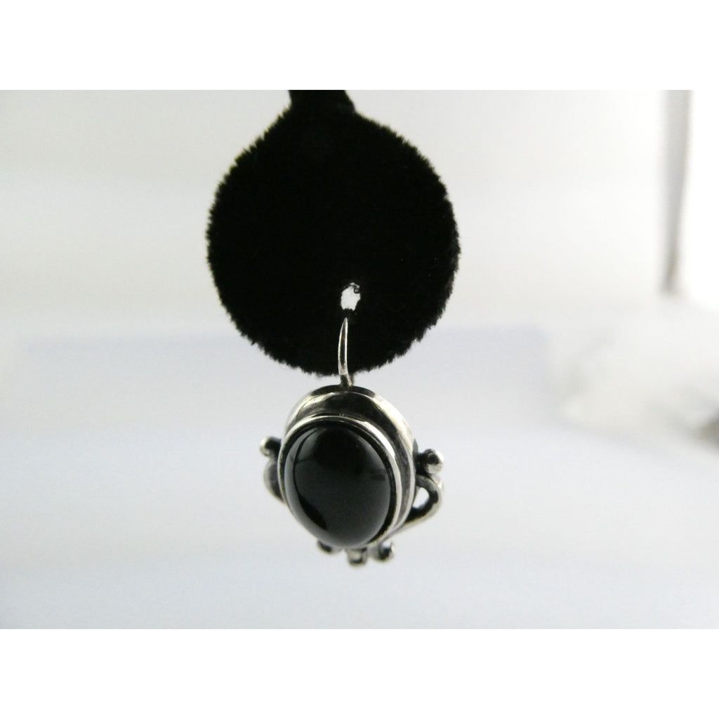 Sterling Silver Black Onyx Cabochon Hook Earrings 925 8.5g 29mm Length