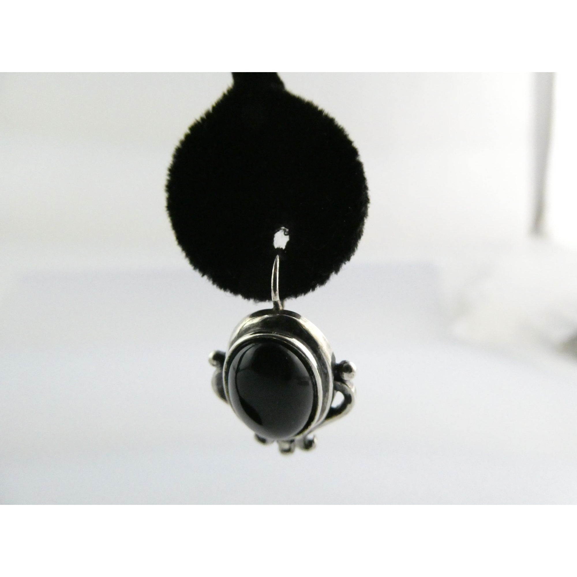 Sterling Silver Black Onyx Cabochon Hook Earrings 925 8.5g 29mm Length
