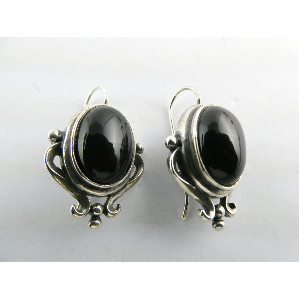 Sterling Silver Black Onyx Cabochon Hook Earrings 925 8.5g 29mm Length