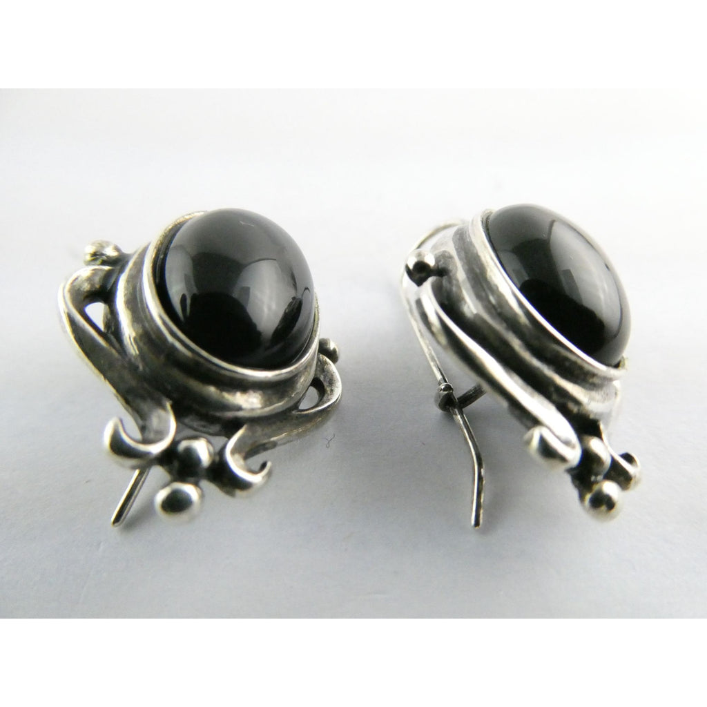 Sterling Silver Black Onyx Cabochon Hook Earrings 925 8.5g 29mm Length