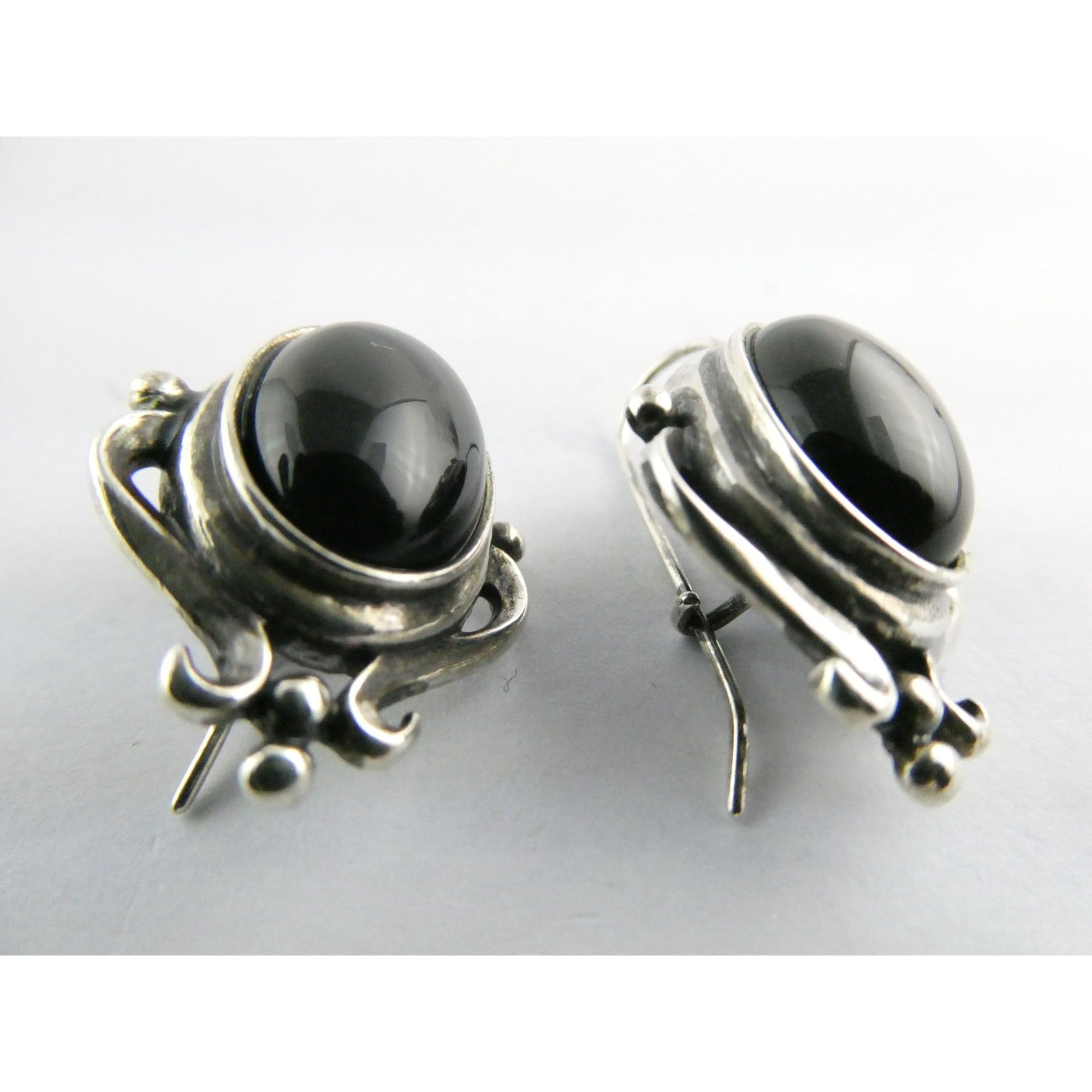 Sterling Silver Black Onyx Cabochon Hook Earrings 925 8.5g 29mm Length