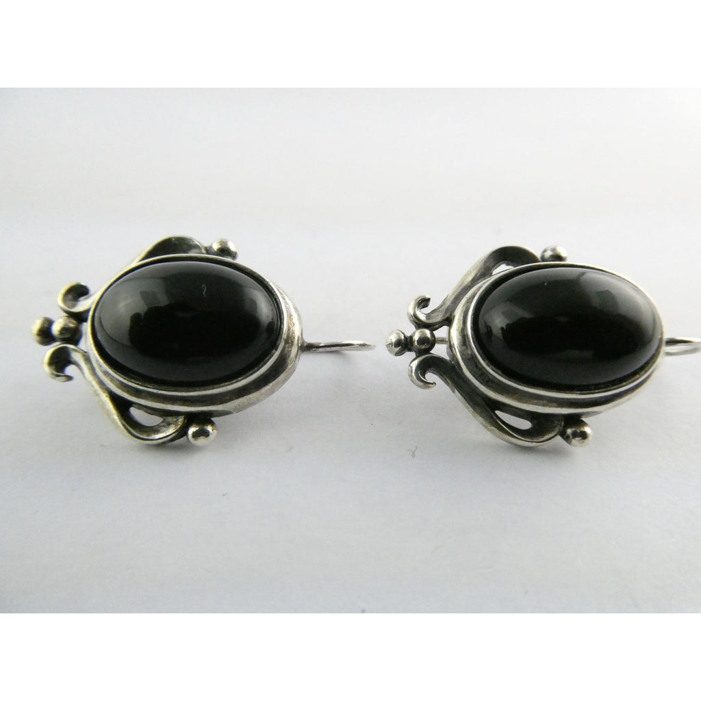 Sterling Silver Black Onyx Cabochon Hook Earrings 925 8.5g 29mm Length