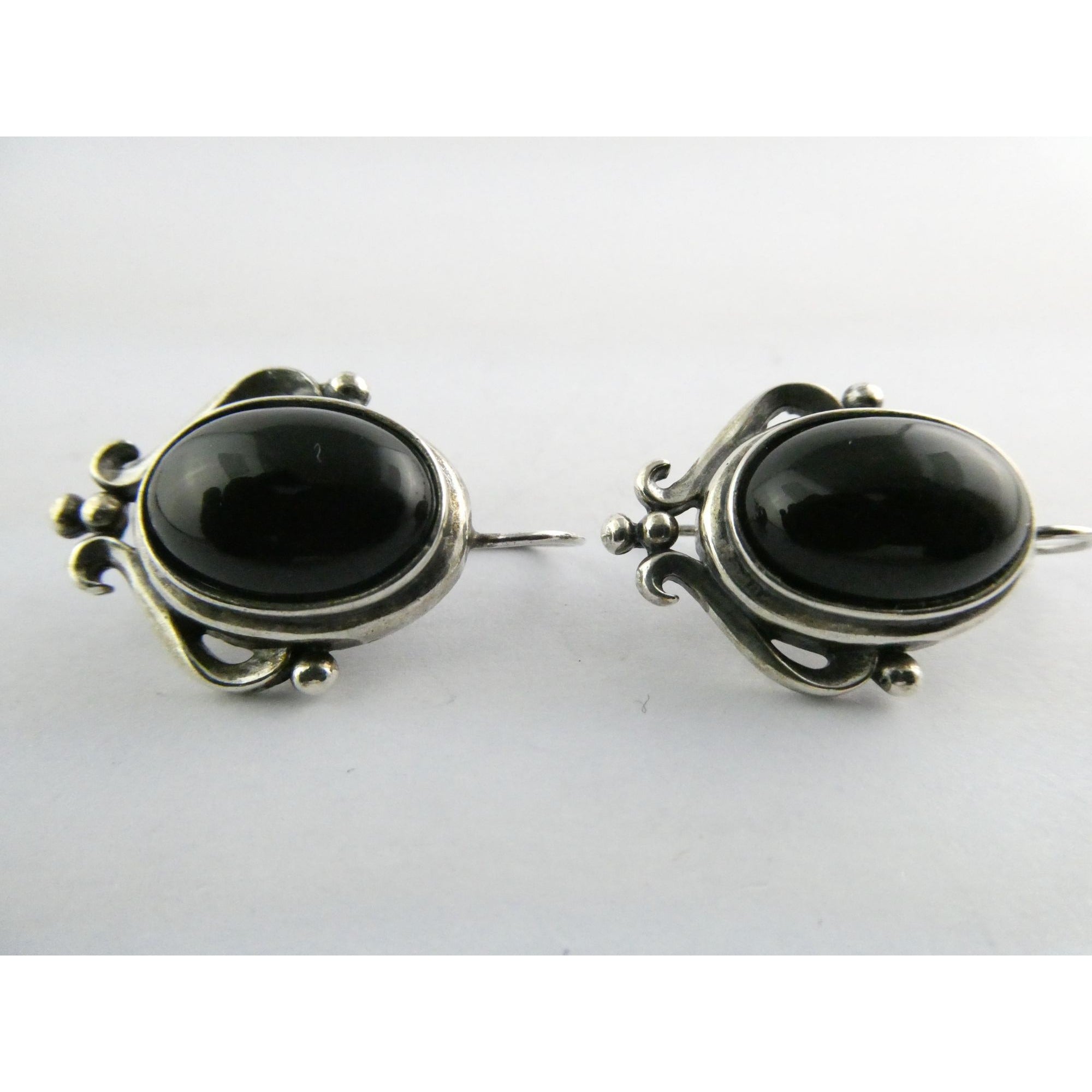 Sterling Silver Black Onyx Cabochon Hook Earrings 925 8.5g 29mm Length