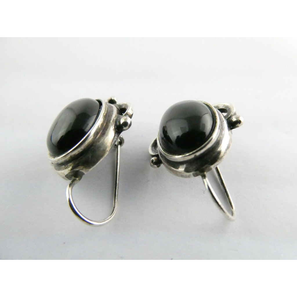 Sterling Silver Black Onyx Cabochon Hook Earrings 925 8.5g 29mm Length