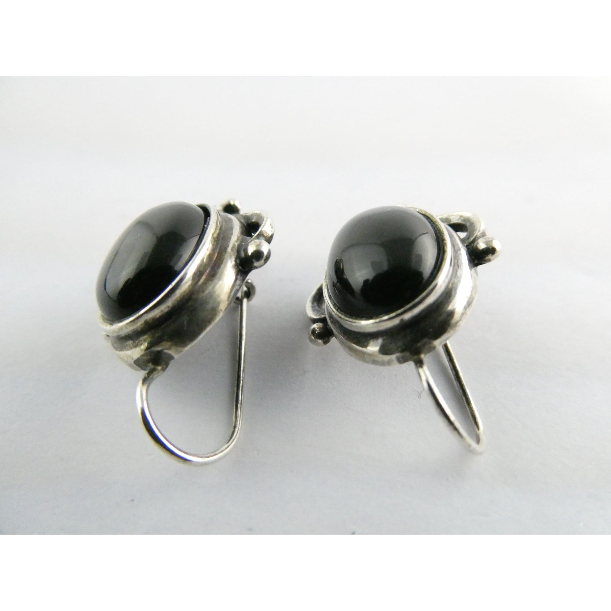 Sterling Silver Black Onyx Cabochon Hook Earrings 925 8.5g 29mm Length