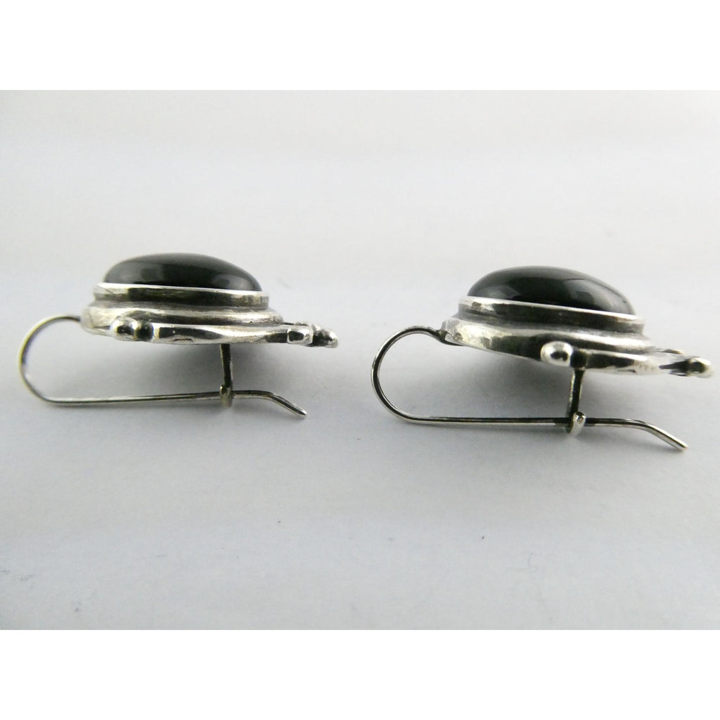 Sterling Silver Black Onyx Cabochon Hook Earrings 925 8.5g 29mm Length