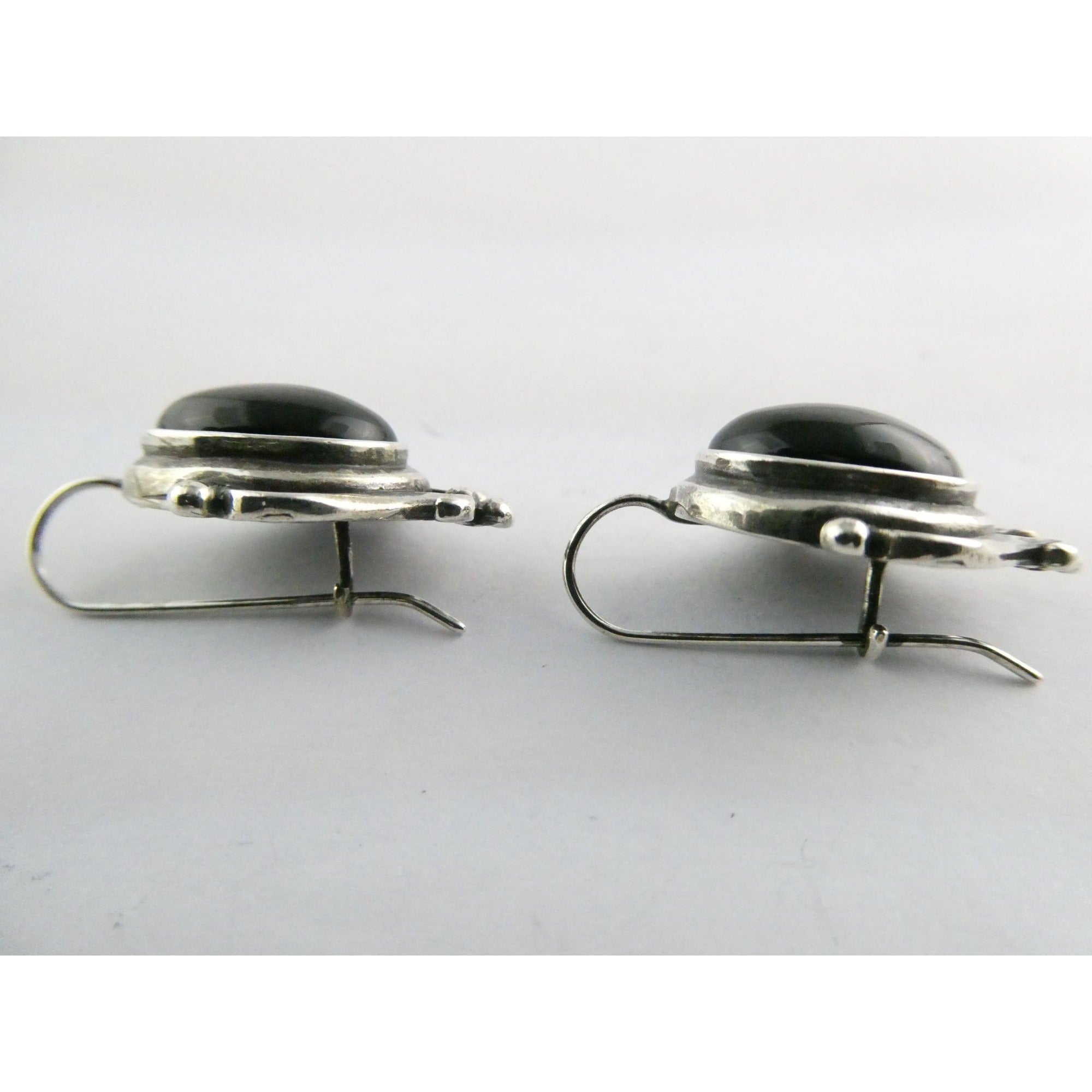 Sterling Silver Black Onyx Cabochon Hook Earrings 925 8.5g 29mm Length