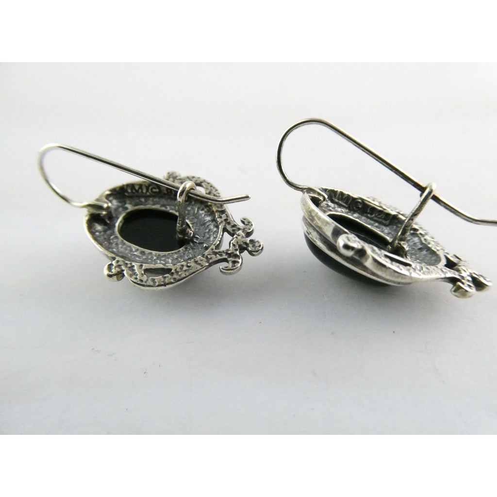 Sterling Silver Black Onyx Cabochon Hook Earrings 925 8.5g 29mm Length