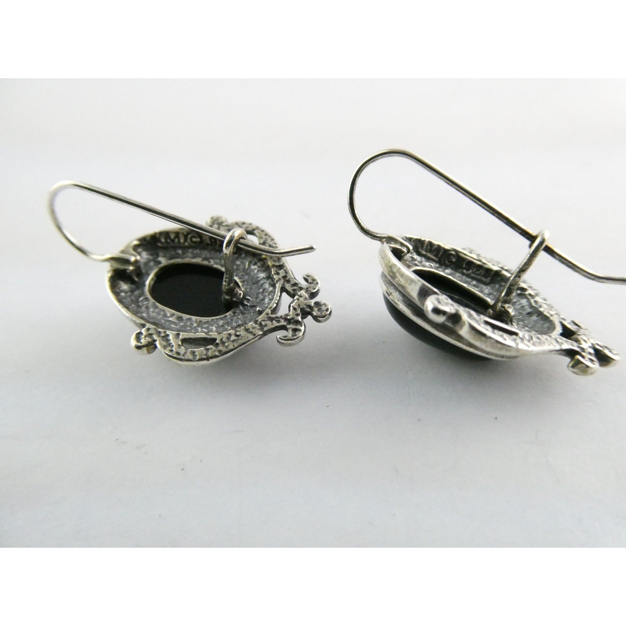 Sterling Silver Black Onyx Cabochon Hook Earrings 925 8.5g 29mm Length