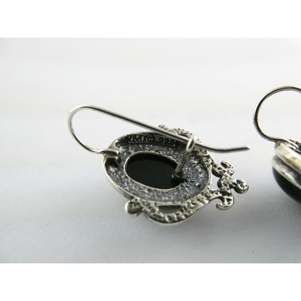 Sterling Silver Black Onyx Cabochon Hook Earrings 925 8.5g 29mm Length