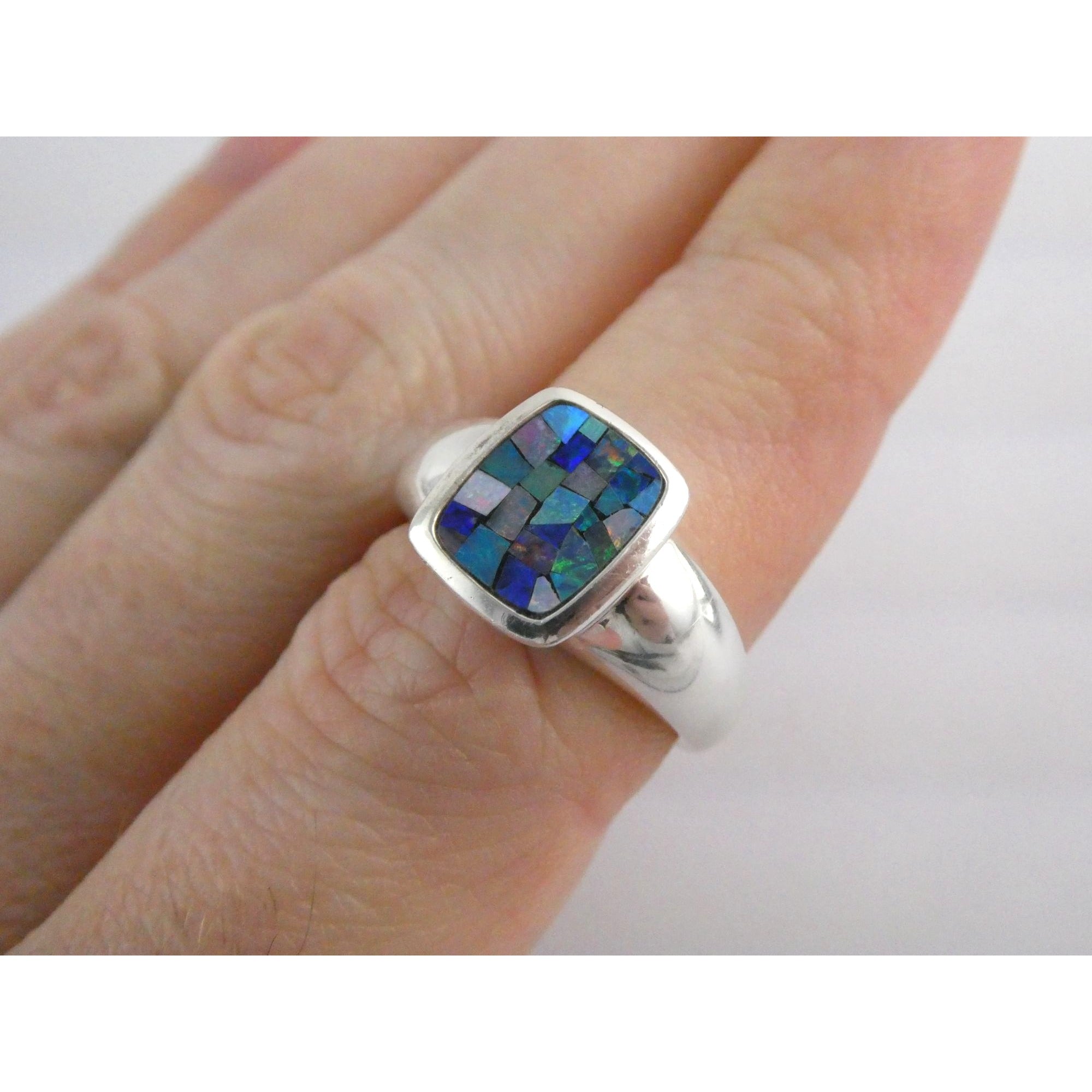 Sterling Silver Blue Opal Mosaic Inlay Ring Size 8 Weighs 7.3g 925