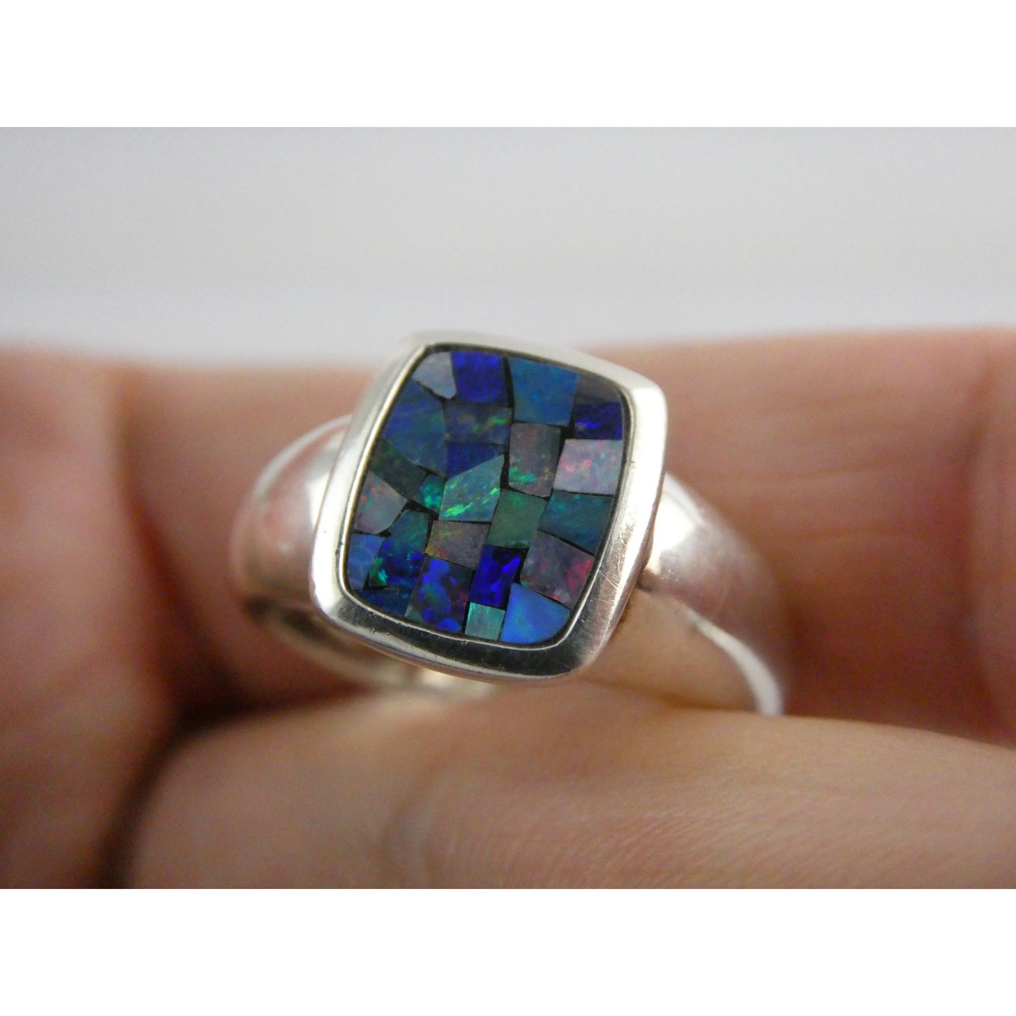 Sterling Silver Blue Opal Mosaic Inlay Ring Size 8 Weighs 7.3g 925