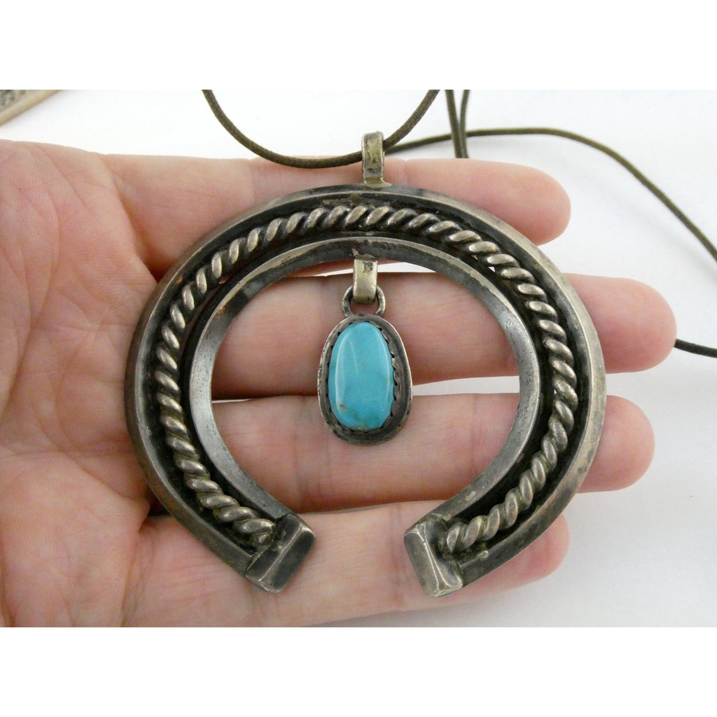 Carl Luthey Navajo Hogan Shop Sterling Silver Turquoise Naja Pendant Necklace