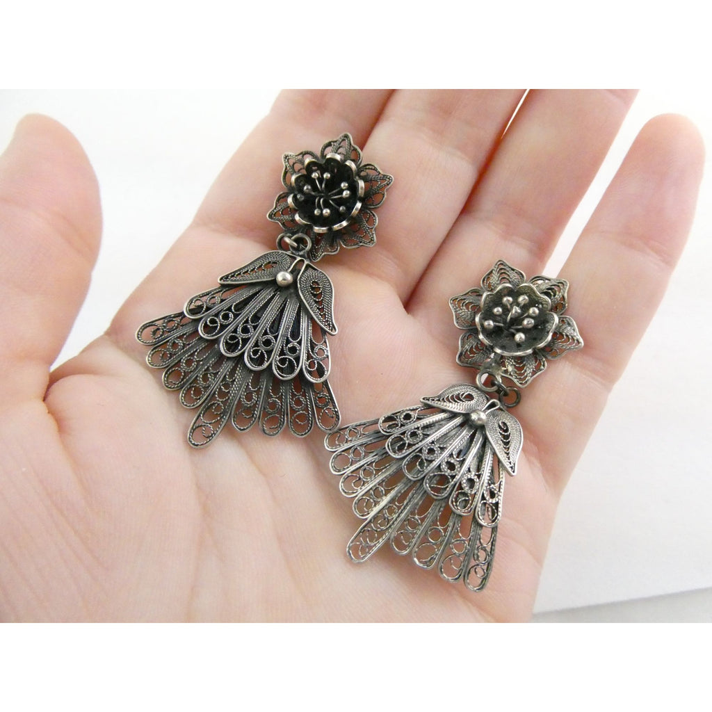CII Sterling Silver Filigree Flower Dangling Stud Earrings 9.3g 2 Inch Length