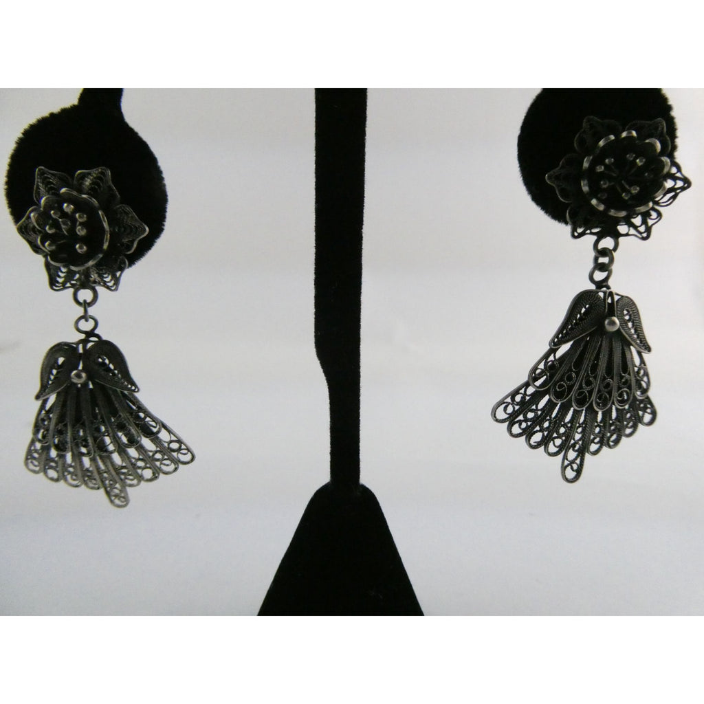 CII Sterling Silver Filigree Flower Dangling Stud Earrings 9.3g 2 Inch Length