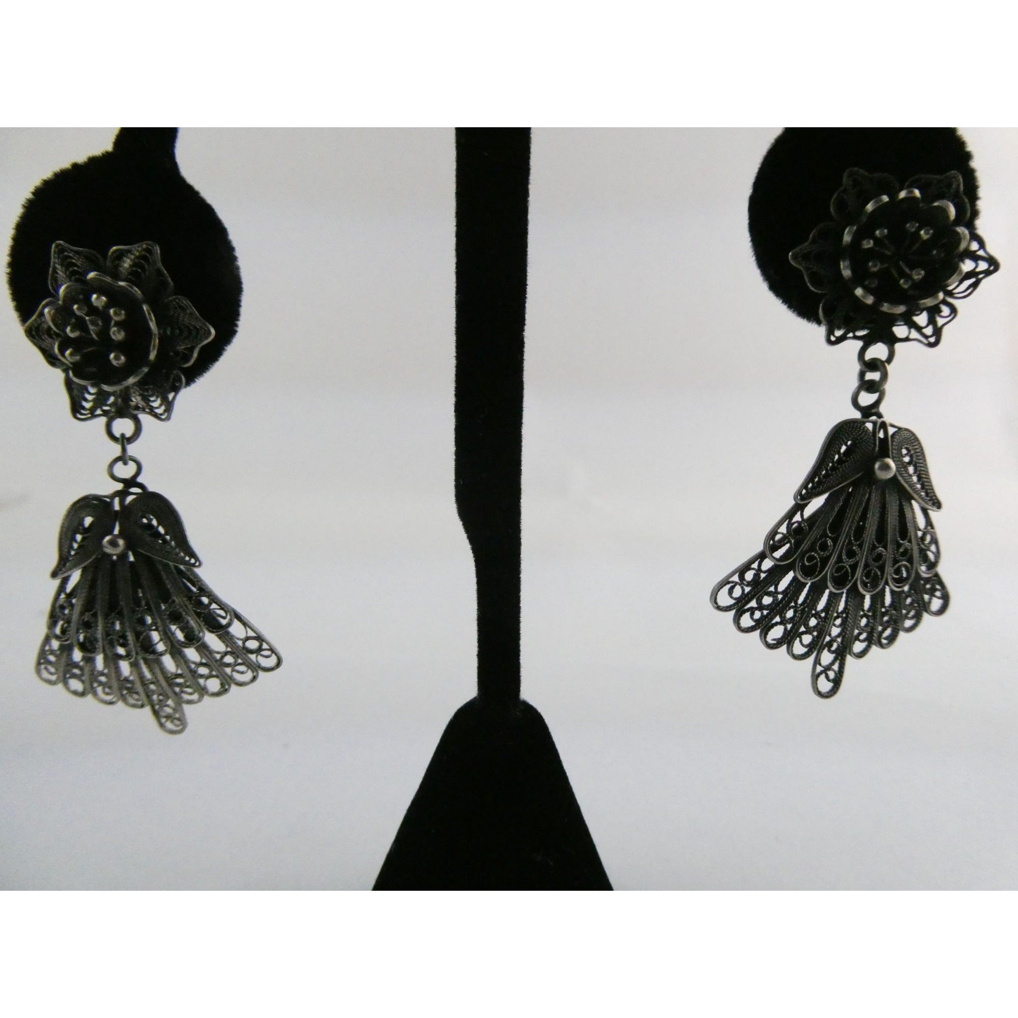 CII Sterling Silver Filigree Flower Dangling Stud Earrings 9.3g 2 Inch Length