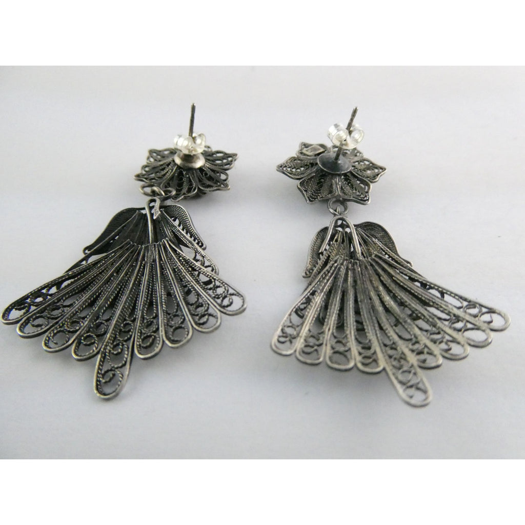 CII Sterling Silver Filigree Flower Dangling Stud Earrings 9.3g 2 Inch Length