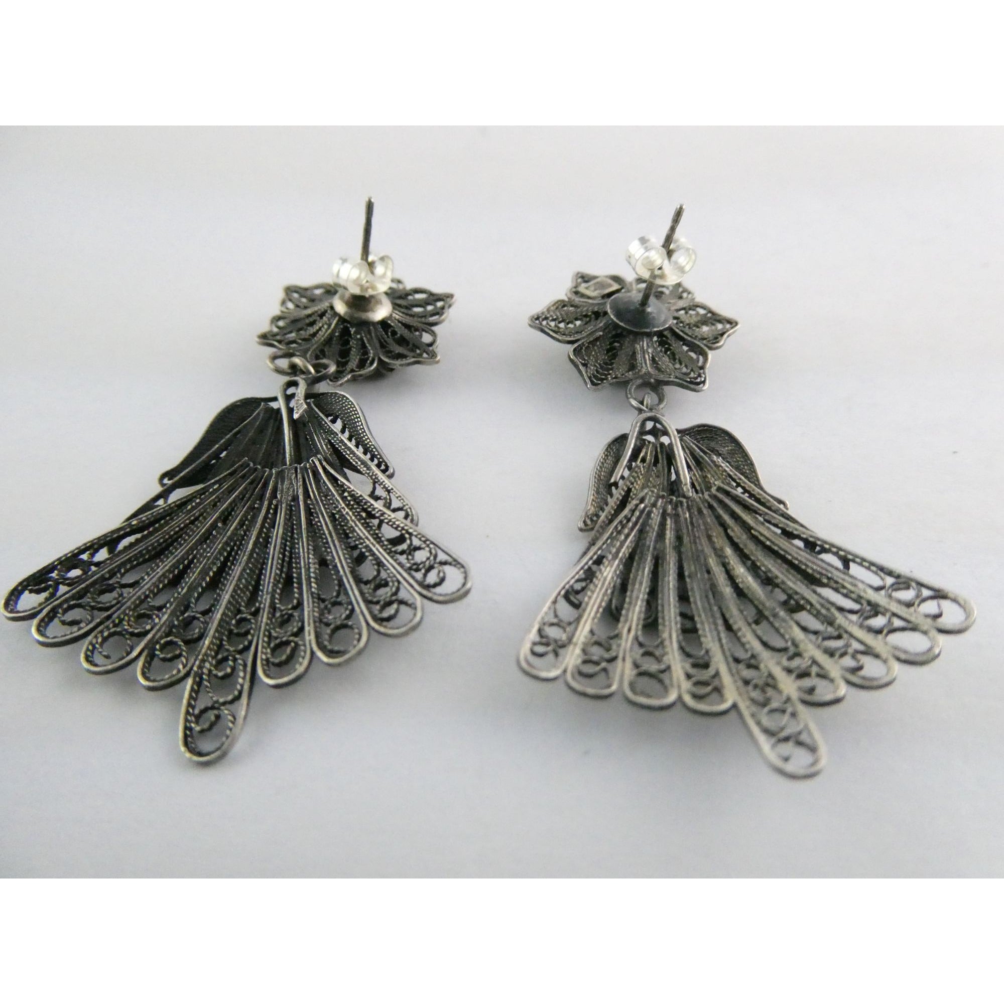 CII Sterling Silver Filigree Flower Dangling Stud Earrings 9.3g 2 Inch Length