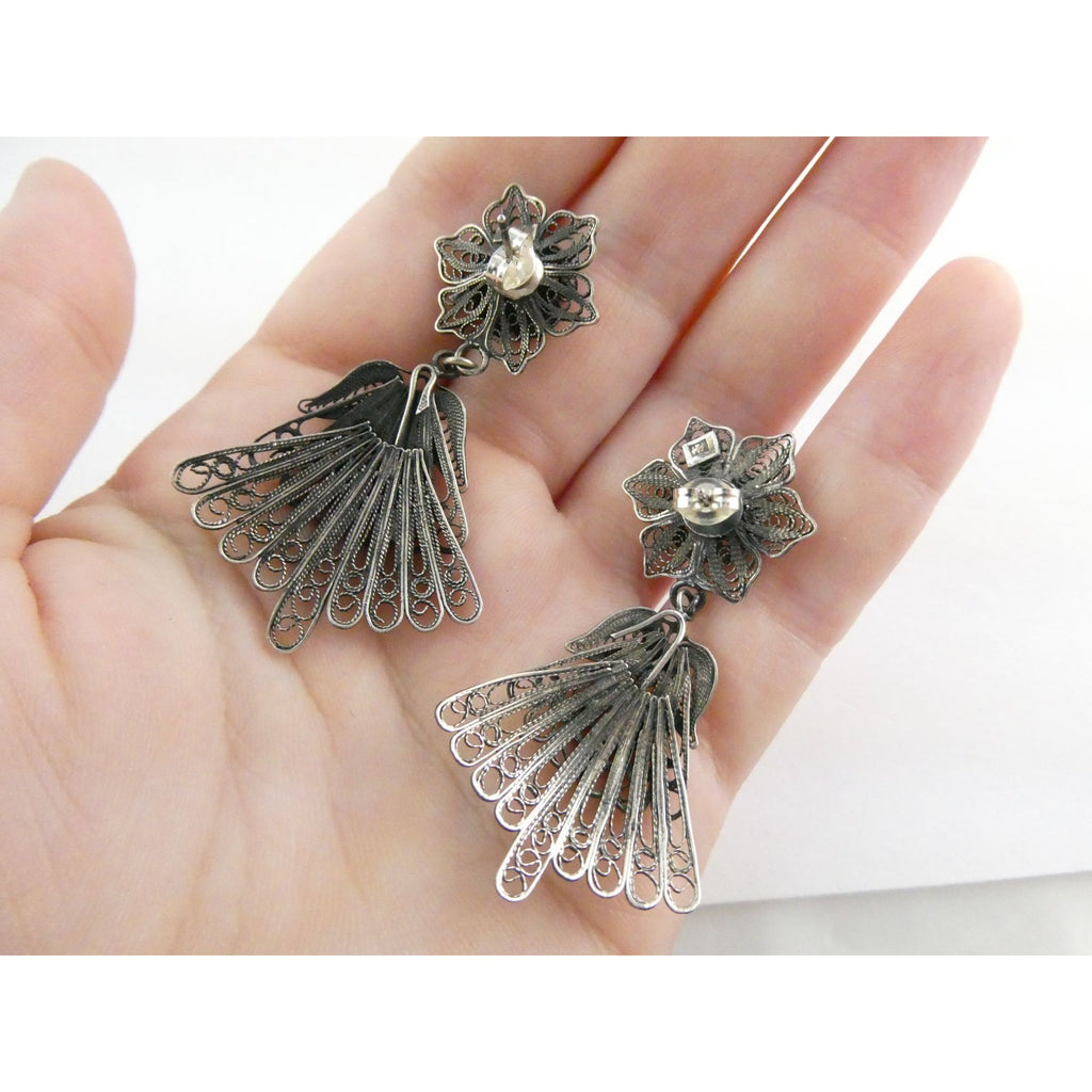 CII Sterling Silver Filigree Flower Dangling Stud Earrings 9.3g 2 Inch Length