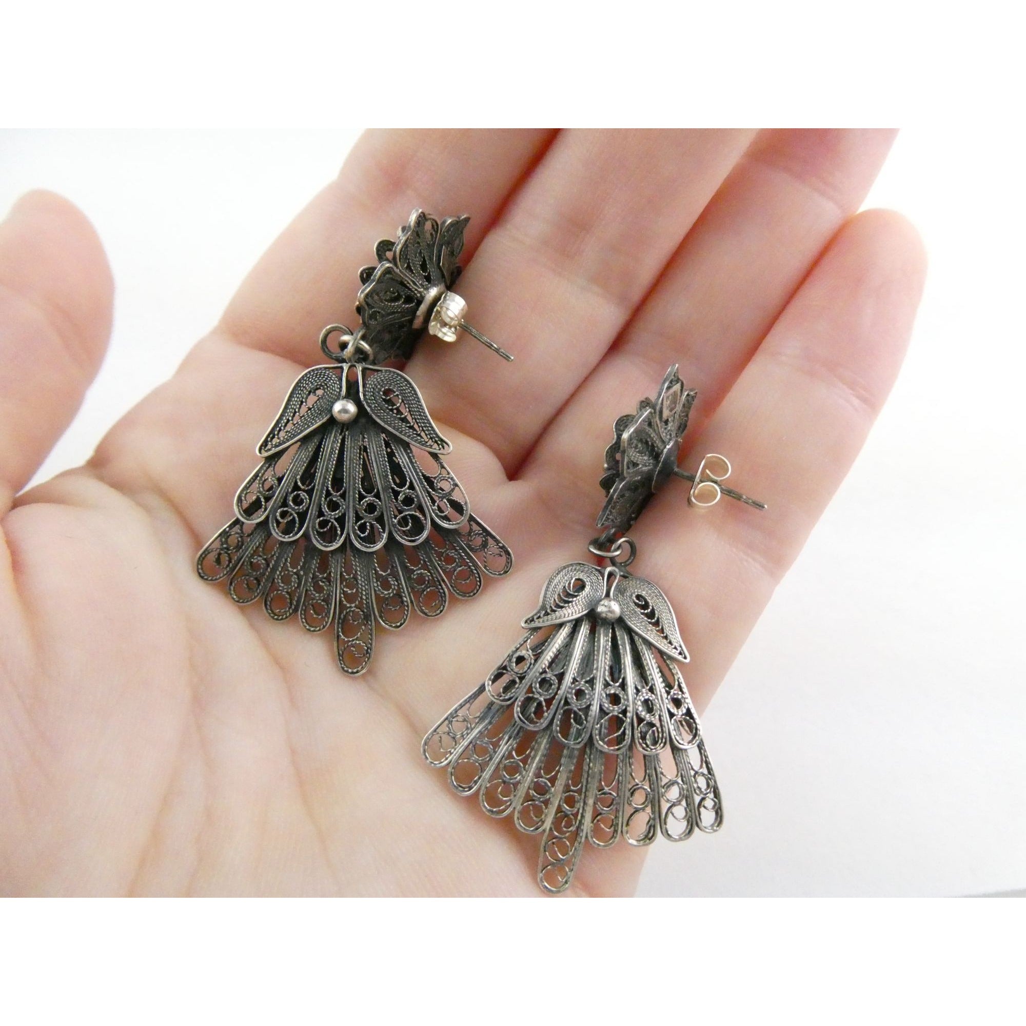 CII Sterling Silver Filigree Flower Dangling Stud Earrings 9.3g 2 Inch Length