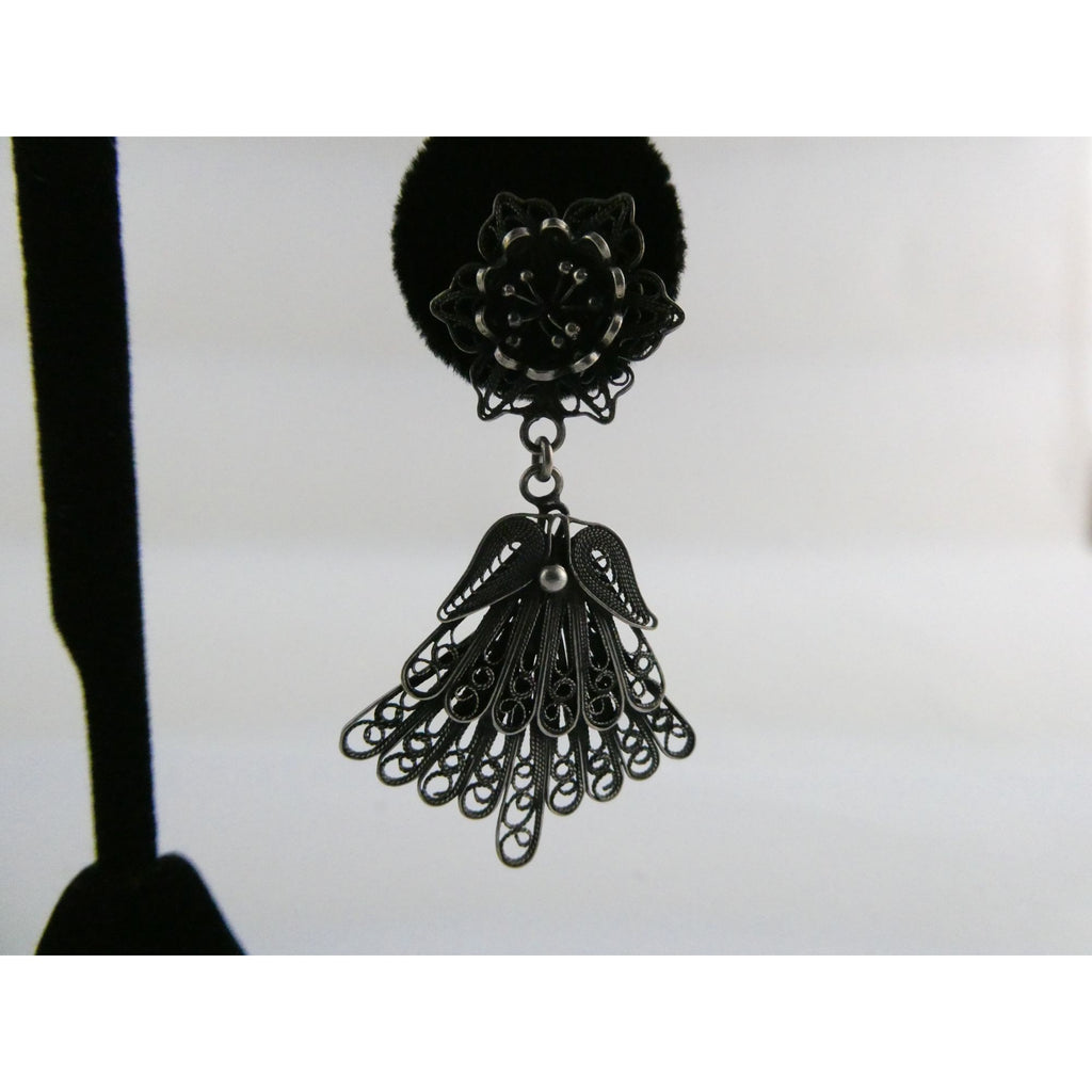 CII Sterling Silver Filigree Flower Dangling Stud Earrings 9.3g 2 Inch Length