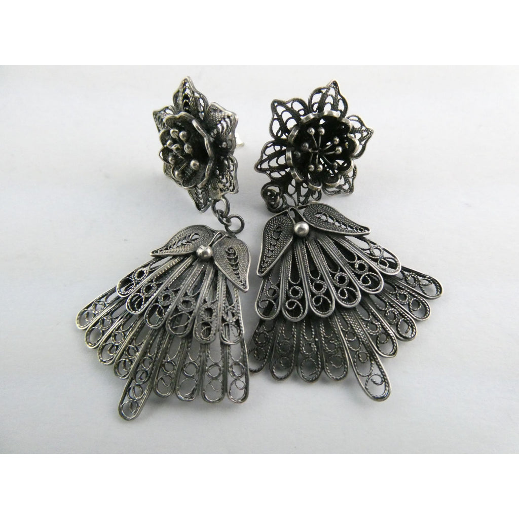 CII Sterling Silver Filigree Flower Dangling Stud Earrings 9.3g 2 Inch Length