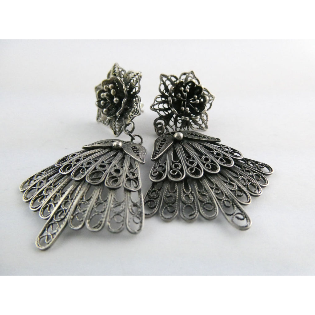 CII Sterling Silver Filigree Flower Dangling Stud Earrings 9.3g 2 Inch Length