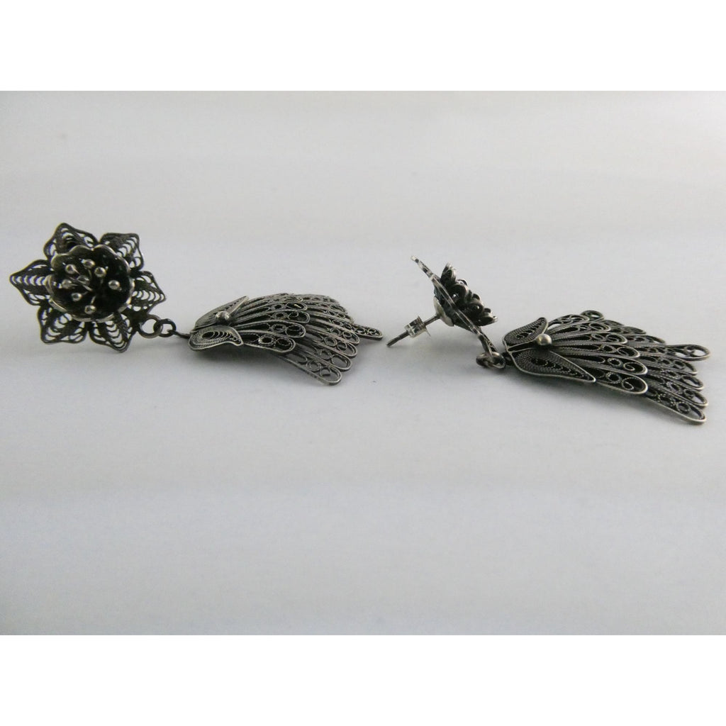 CII Sterling Silver Filigree Flower Dangling Stud Earrings 9.3g 2 Inch Length