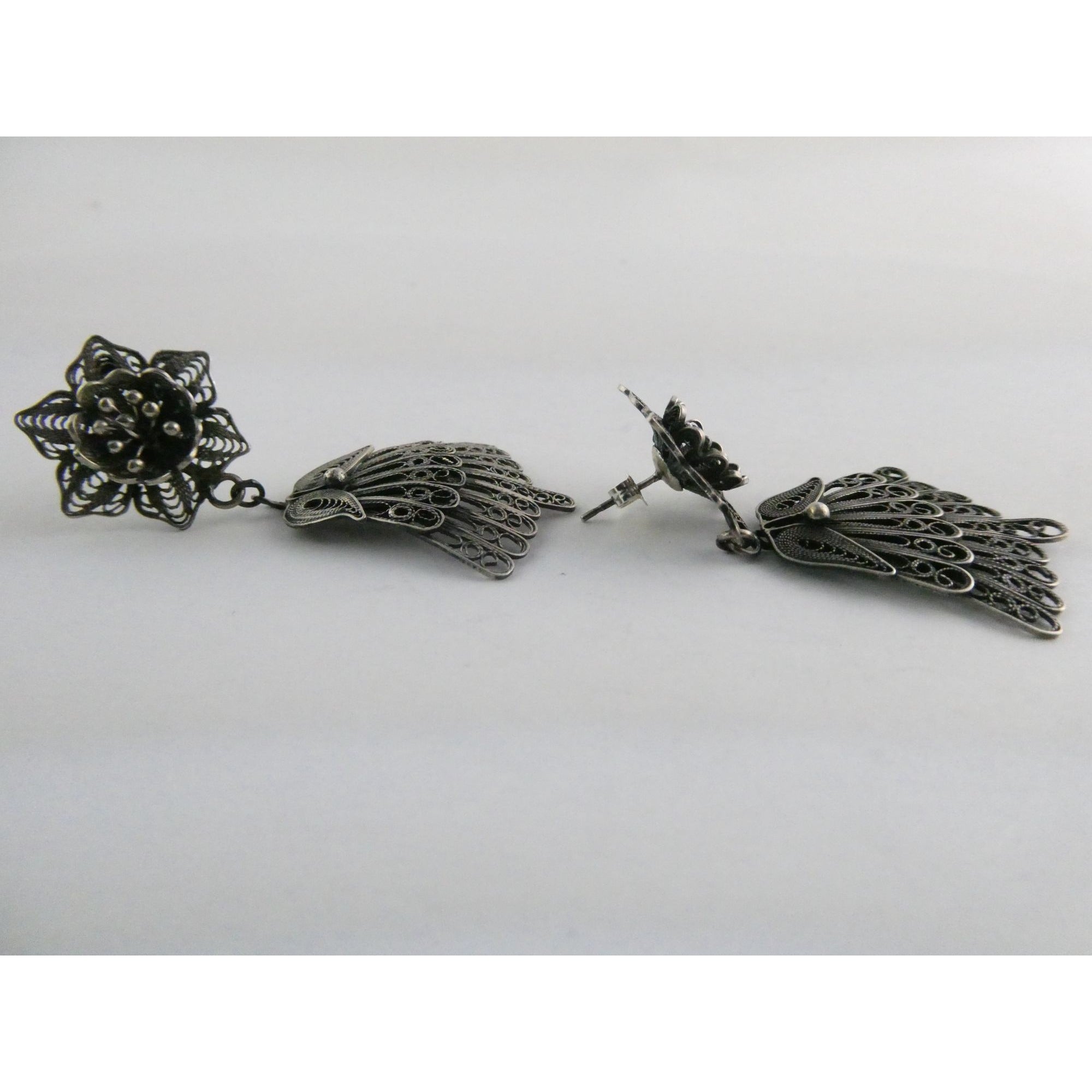 CII Sterling Silver Filigree Flower Dangling Stud Earrings 9.3g 2 Inch Length