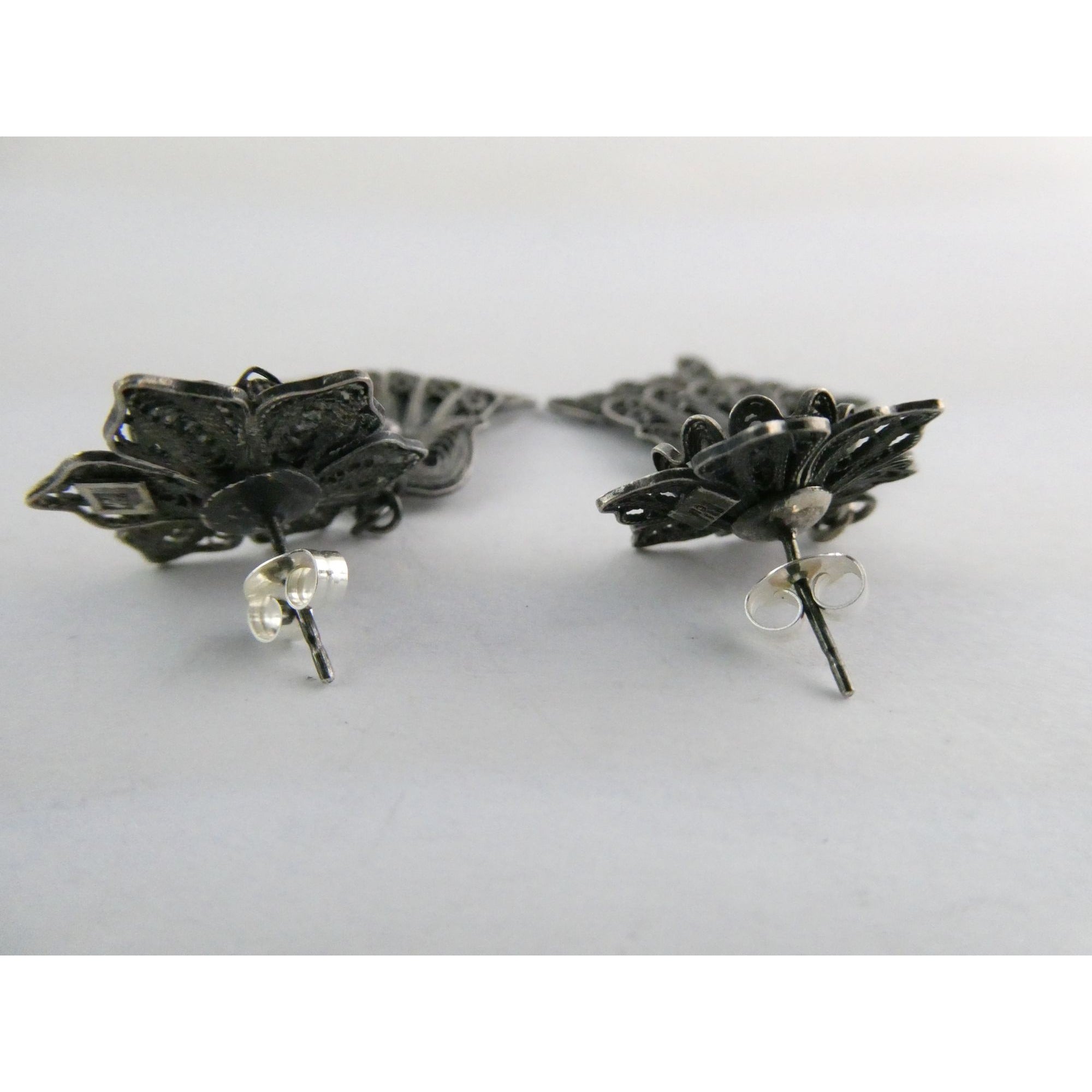 CII Sterling Silver Filigree Flower Dangling Stud Earrings 9.3g 2 Inch Length