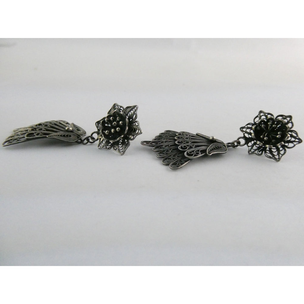 CII Sterling Silver Filigree Flower Dangling Stud Earrings 9.3g 2 Inch Length