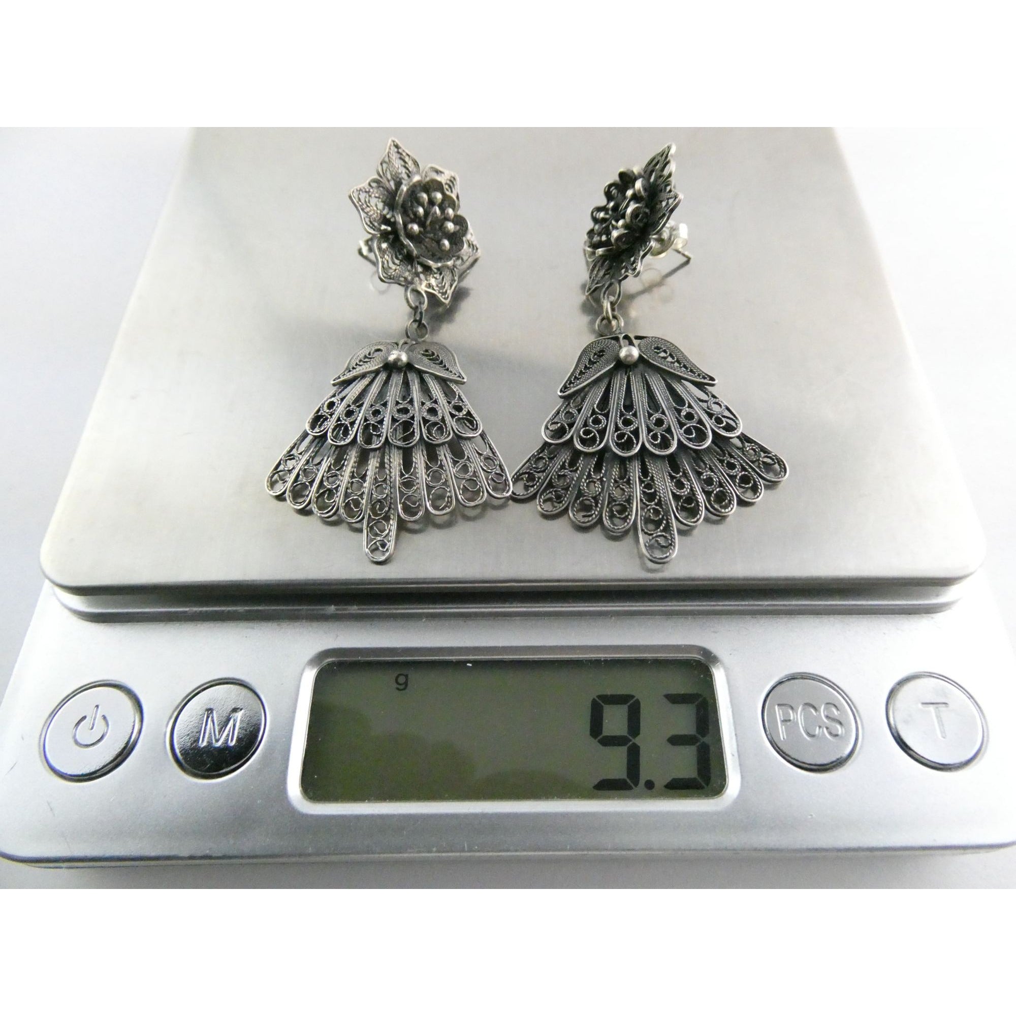 CII Sterling Silver Filigree Flower Dangling Stud Earrings 9.3g 2 Inch Length
