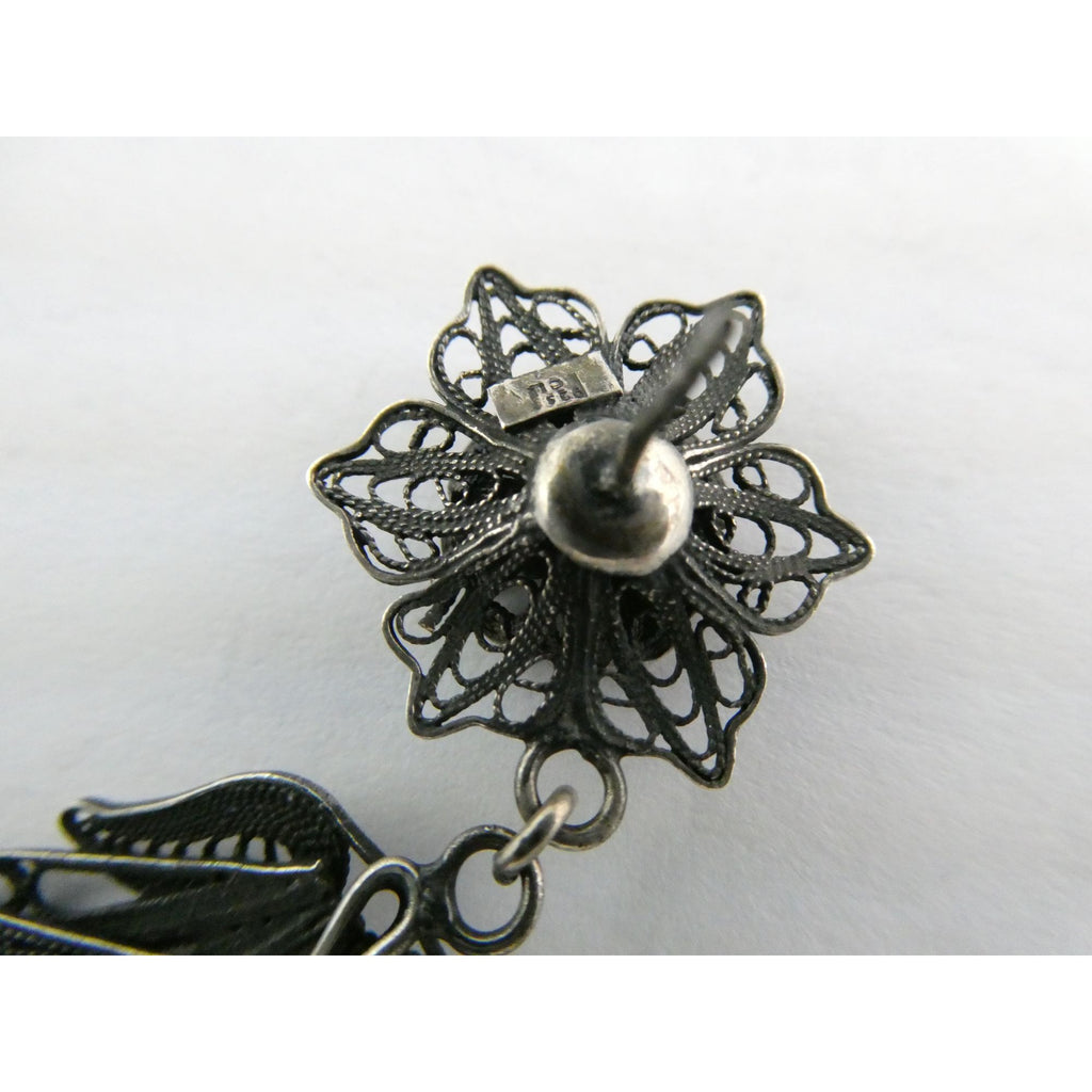 CII Sterling Silver Filigree Flower Dangling Stud Earrings 9.3g 2 Inch Length