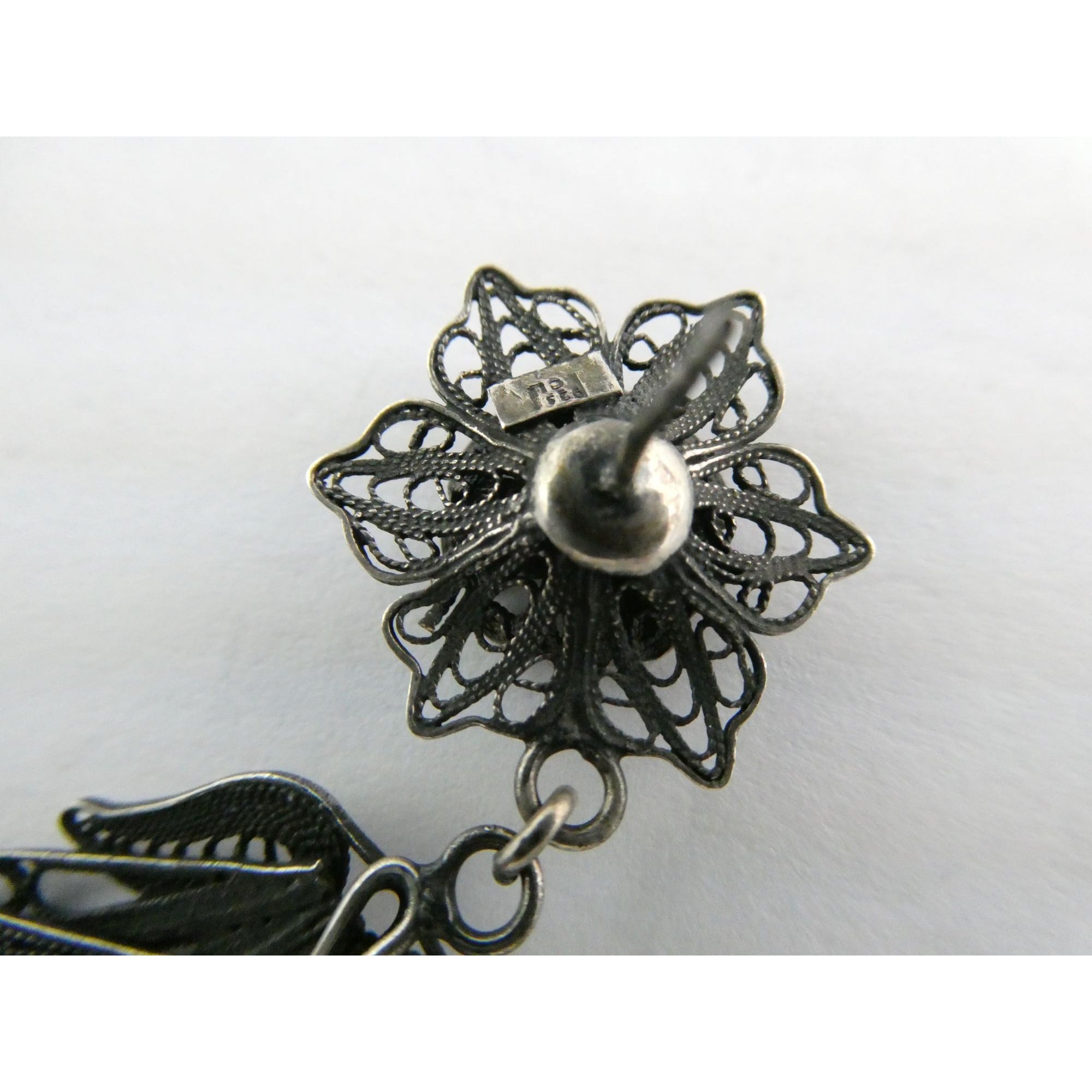 CII Sterling Silver Filigree Flower Dangling Stud Earrings 9.3g 2 Inch Length