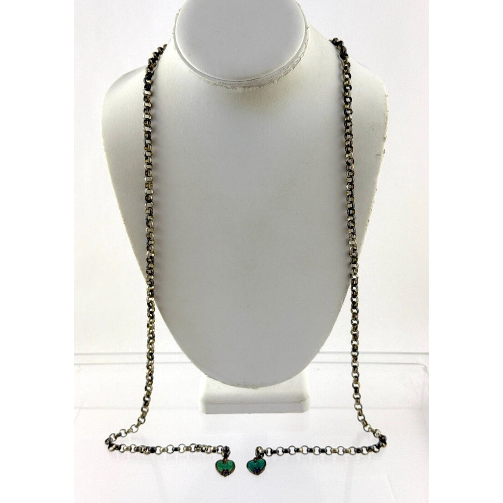 Antique Victorian Unmarked Sterling Silver Lariat Enamel Heart Necklace NO CLASP