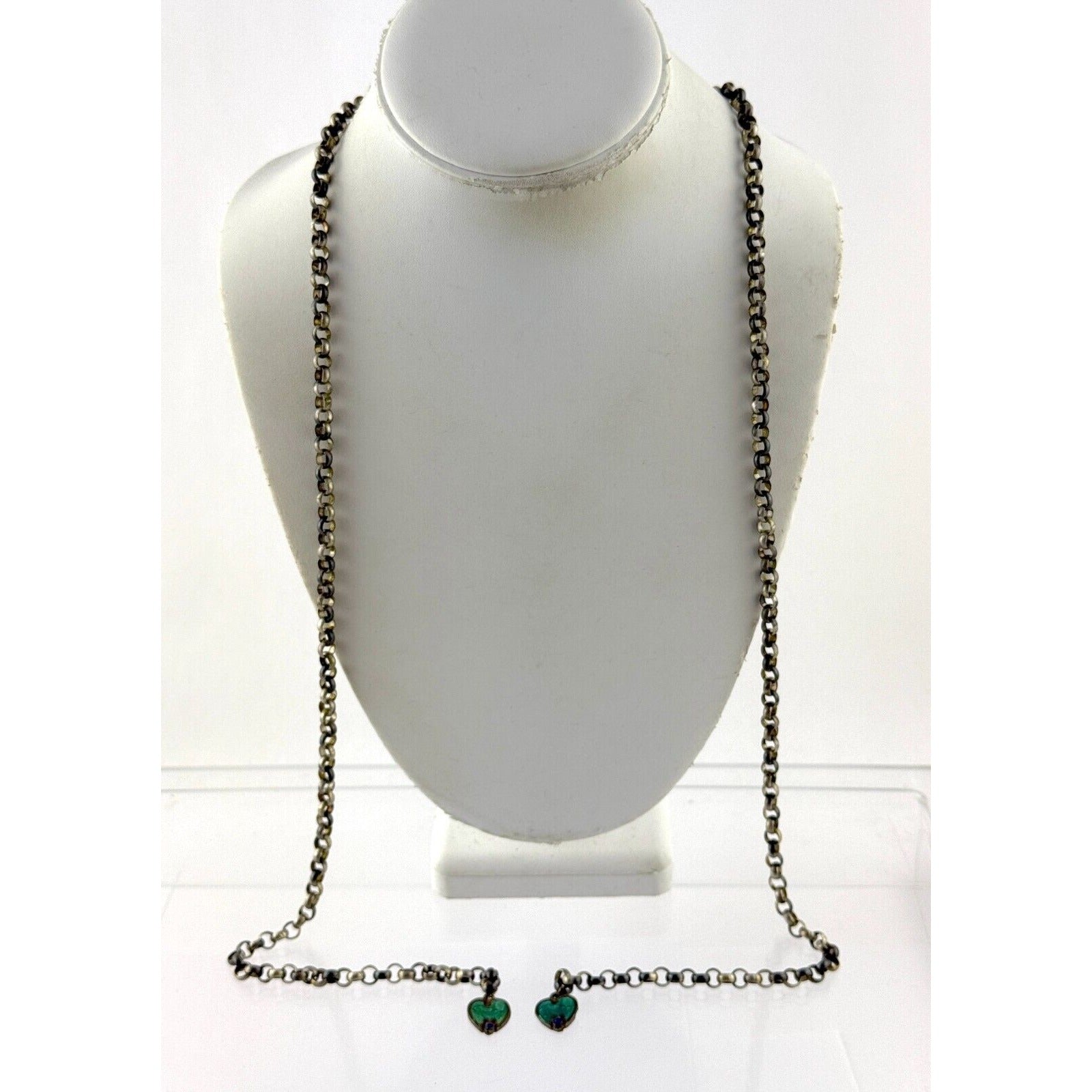 Antique Victorian Unmarked Sterling Silver Lariat Enamel Heart Necklace NO CLASP