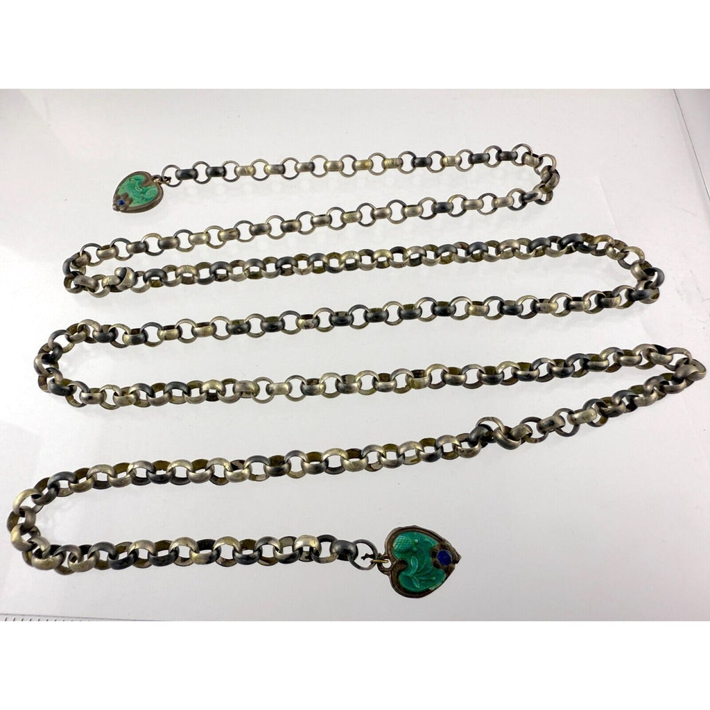 Antique Victorian Unmarked Sterling Silver Lariat Enamel Heart Necklace NO CLASP