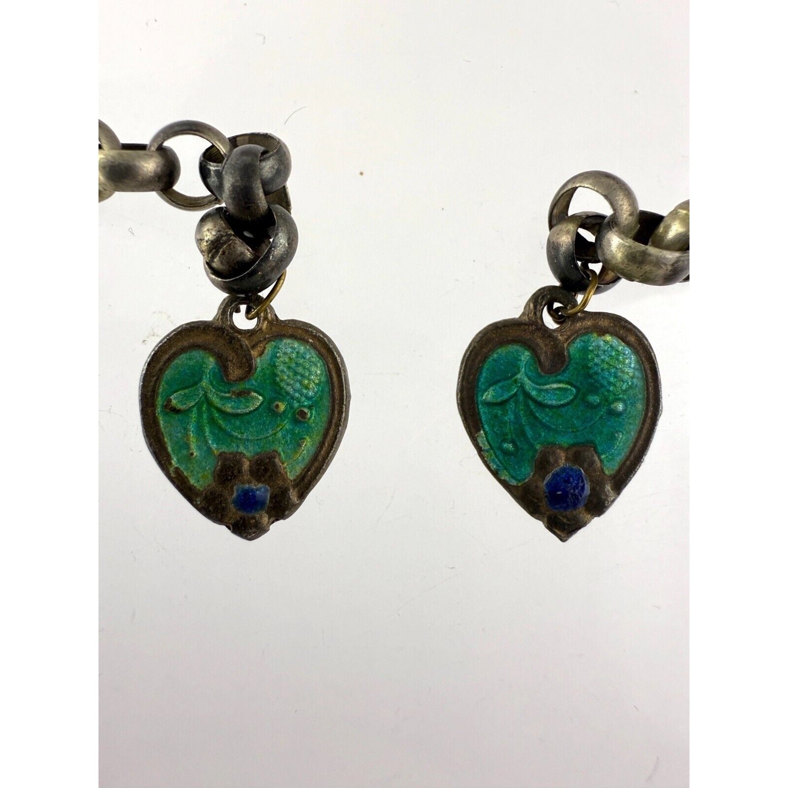 Antique Victorian Unmarked Sterling Silver Lariat Enamel Heart Necklace NO CLASP