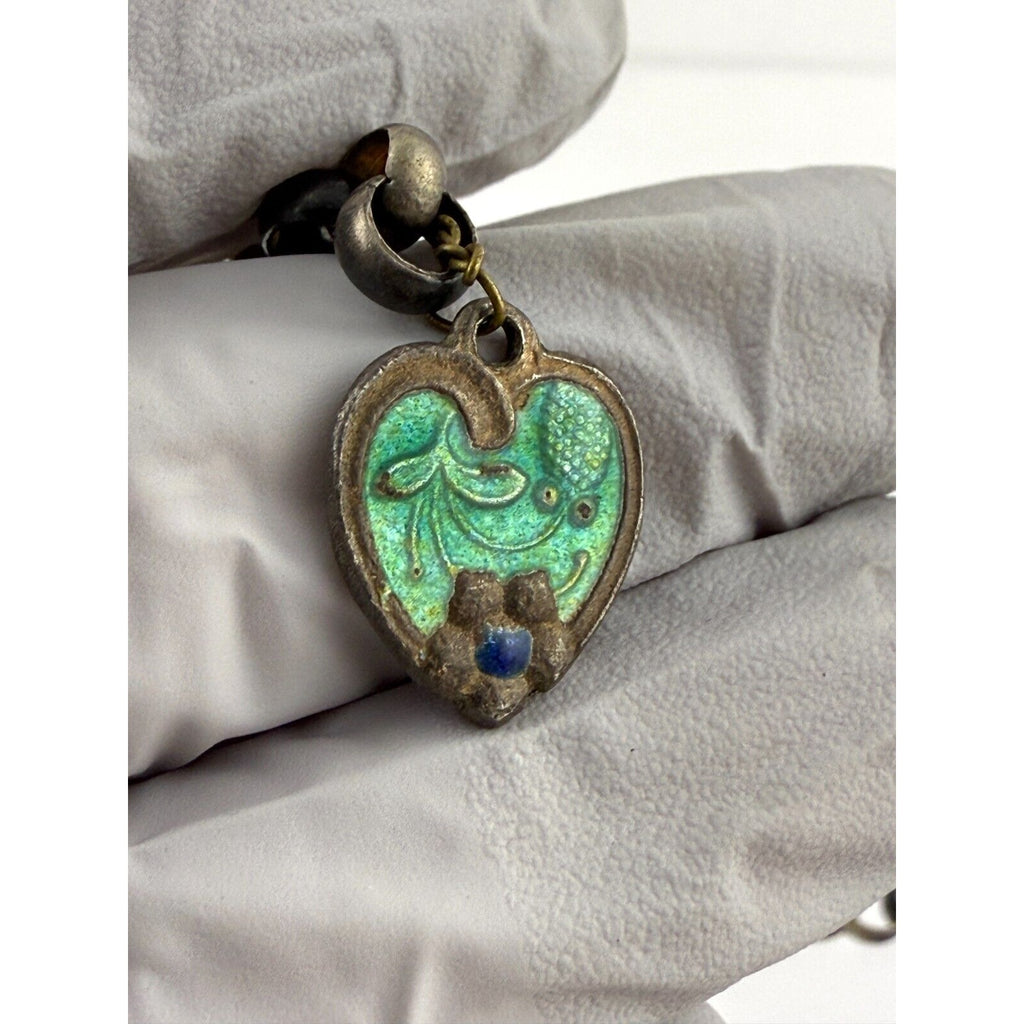 Antique Victorian Unmarked Sterling Silver Lariat Enamel Heart Necklace NO CLASP