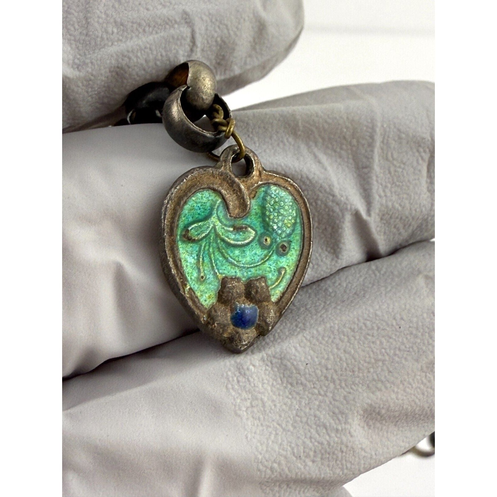 Antique Victorian Unmarked Sterling Silver Lariat Enamel Heart Necklace NO CLASP