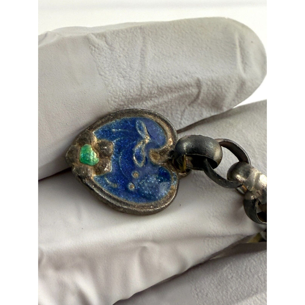 Antique Victorian Unmarked Sterling Silver Lariat Enamel Heart Necklace NO CLASP