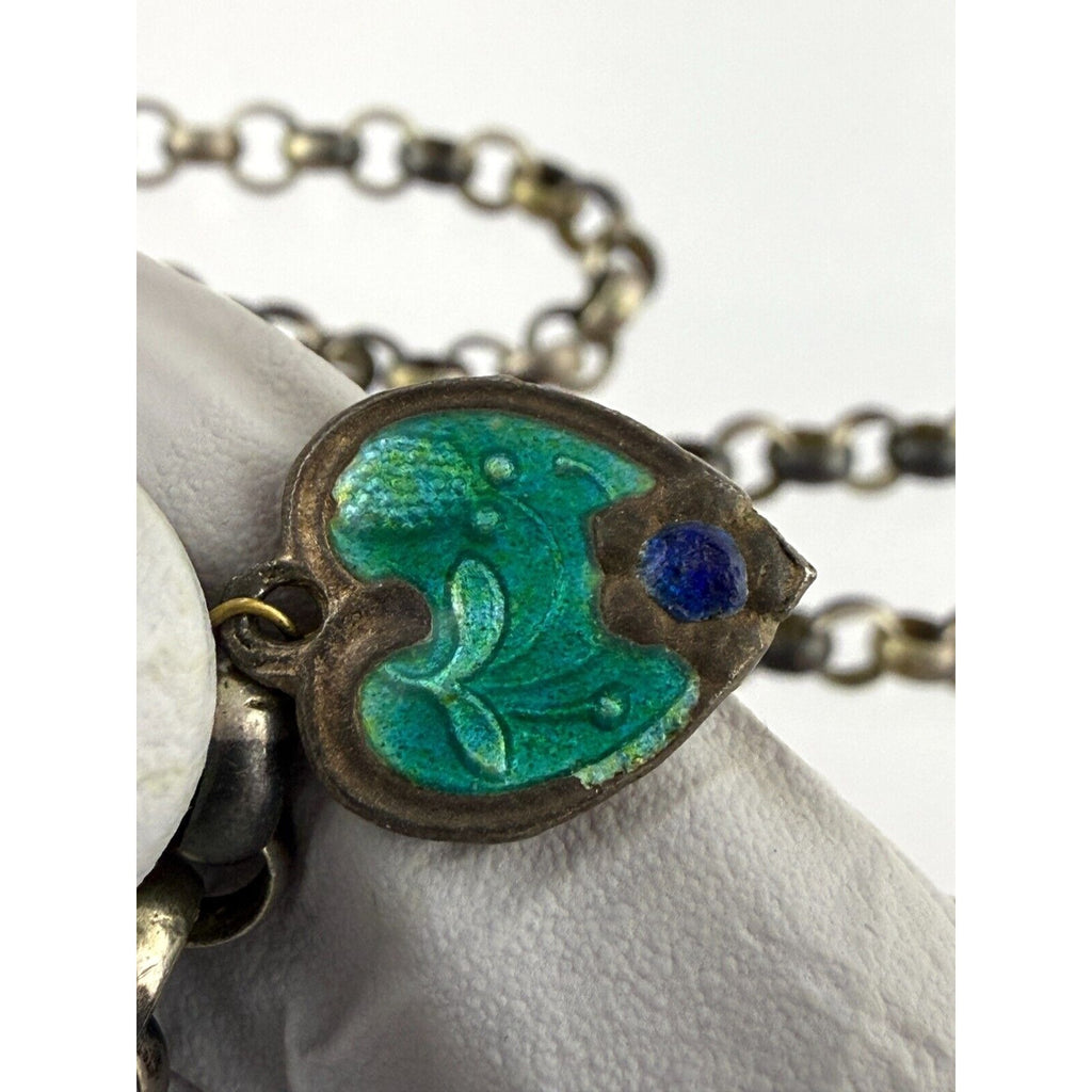 Antique Victorian Unmarked Sterling Silver Lariat Enamel Heart Necklace NO CLASP